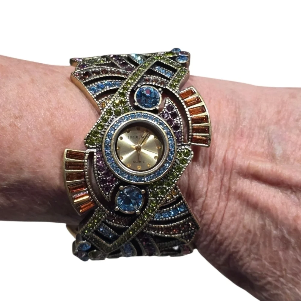 Heidi Daus Art Deco Swarovski Crystal Golden Bronze Cuff Bracelet Watch - Picture 5 of 10